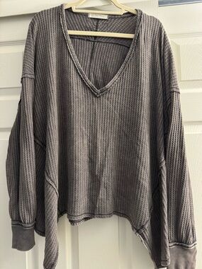 We The Free Waffle Knit V-Neck Long Sleeve Top in Charcoal Gray